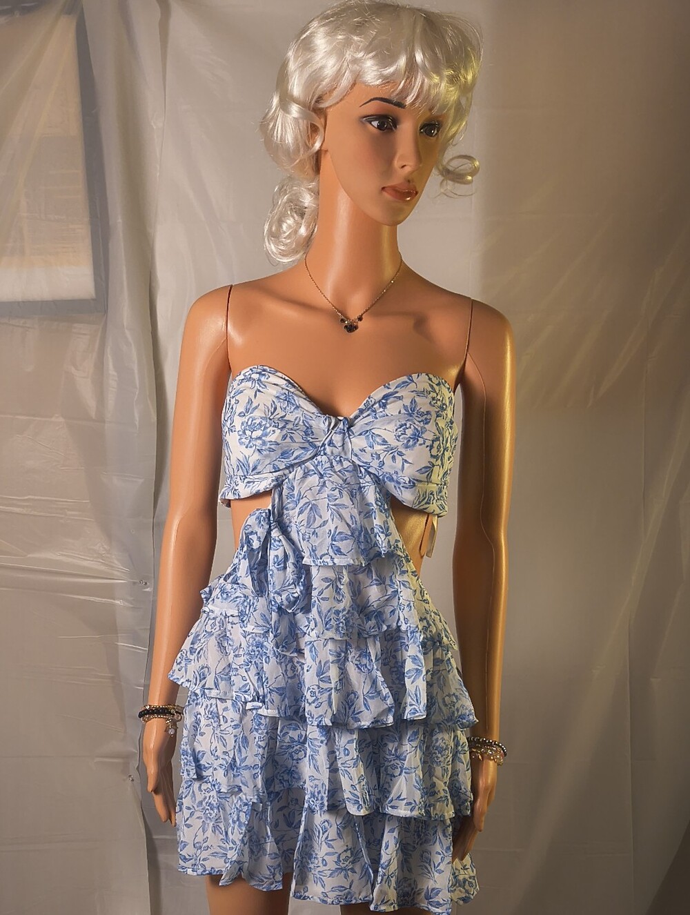 Windsor Love Story Floral Chiffon Mini Dress NWT White Blue Size L